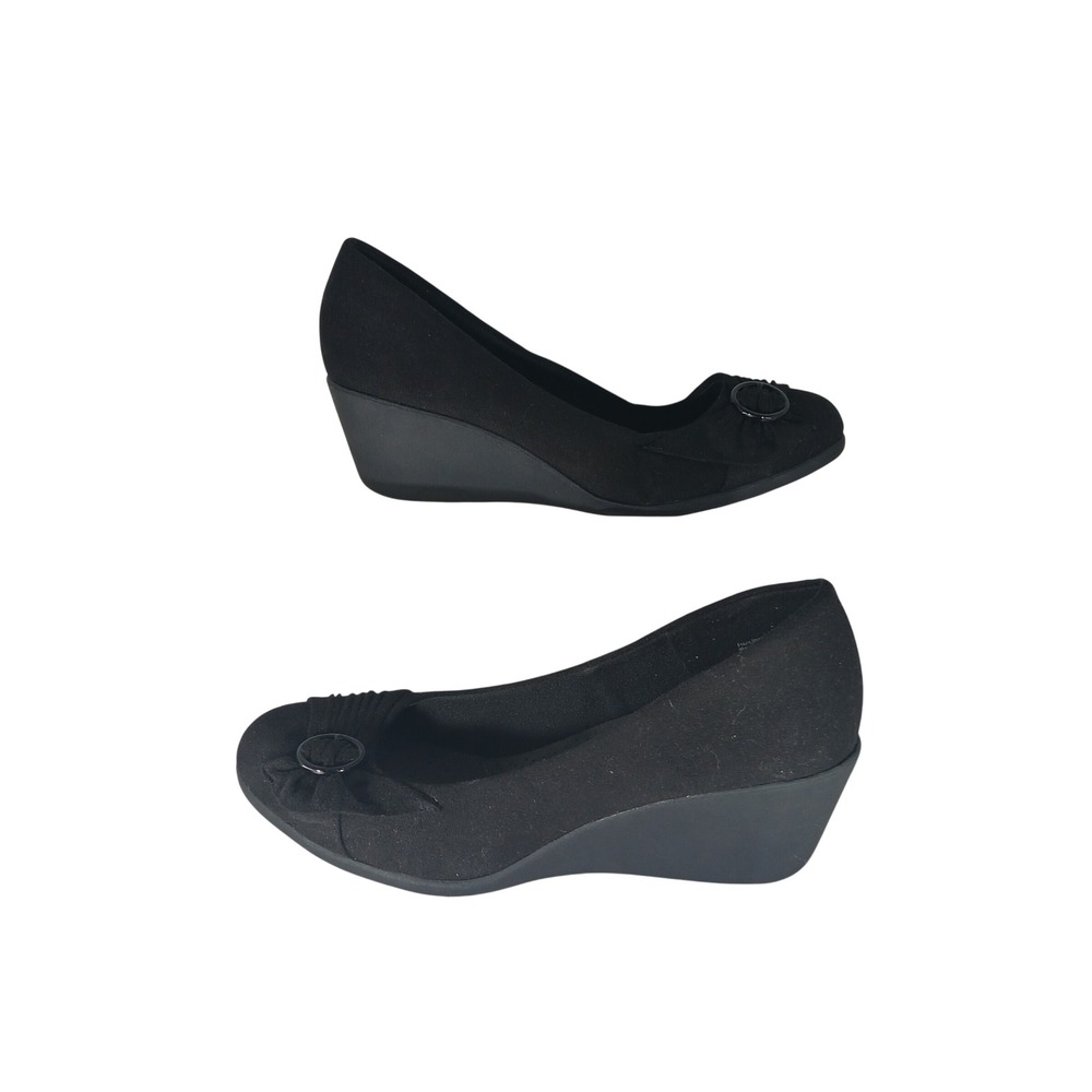 Dexflex Comfort Wedge Pumps 10 Black Pleated Buckle Round Toe Office Shoes